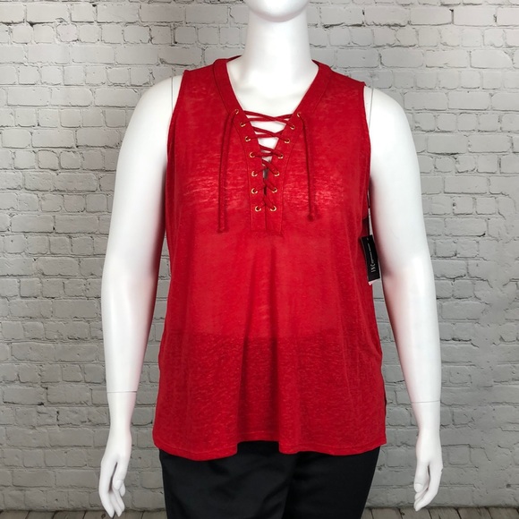 INC Red Burnout Tie Front Tank Top Plus Size - Picture 2 of 5